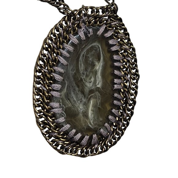 Vintage Marbled Stone Oval Pendant Necklace Braided Chain Fashion Jewelry Women - Picture 3 of 6